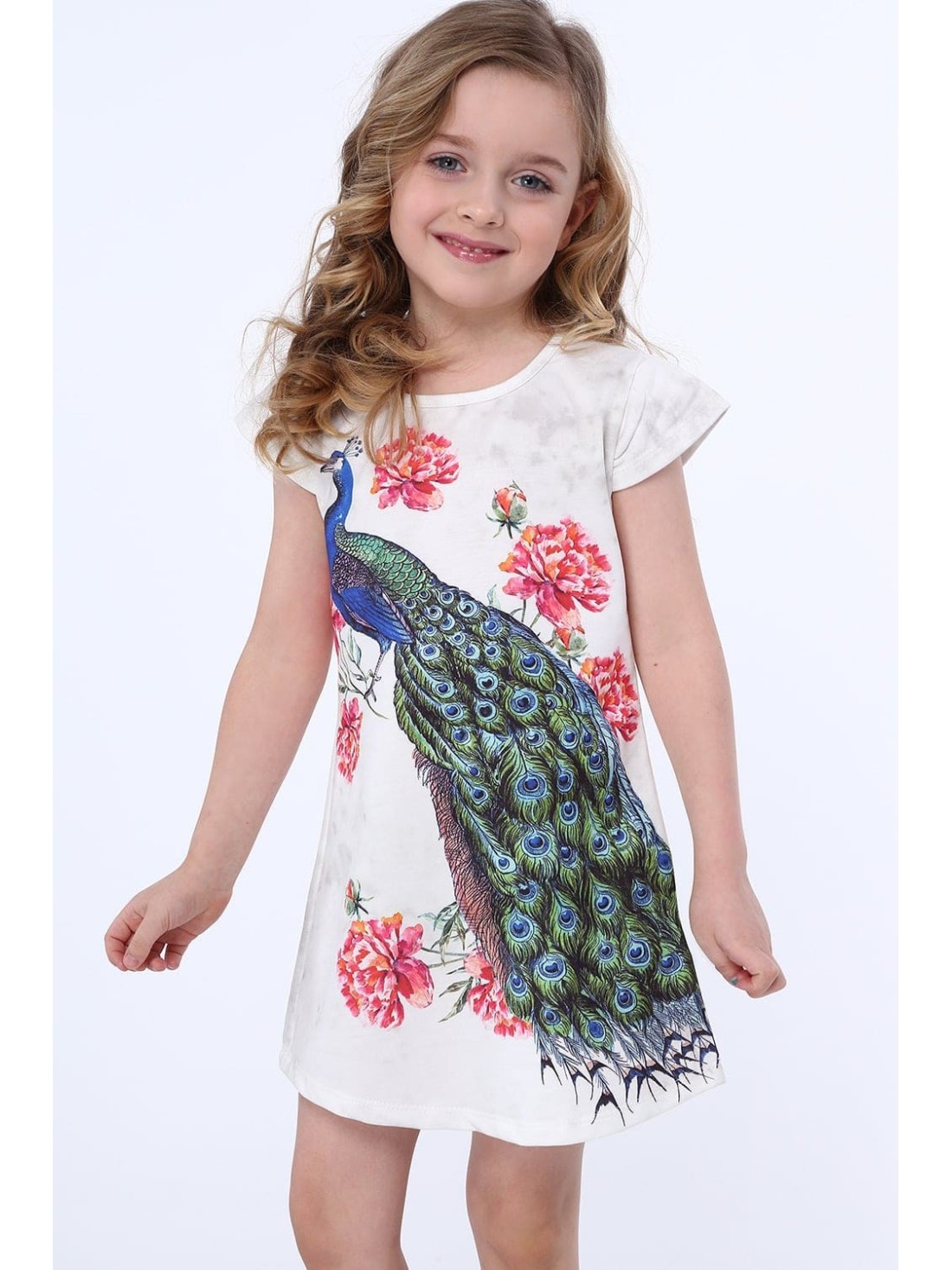 Cremefarbenes Kleid mit Pfau NDZ8128 – Online-Shop – Boutique